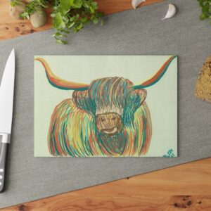 Colorful Highland Cow Glass Cutting Board - Rustic Kitchen Decor, Unique Gift for Home Cooks, Housewarming, Farmhouse Kitchen